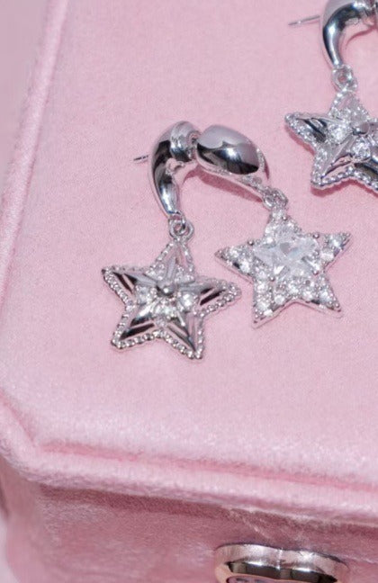 Copper Zircon Earrings Lucky Twins~ Double Sided Star Earrings 925 Silver Needle Sweet
