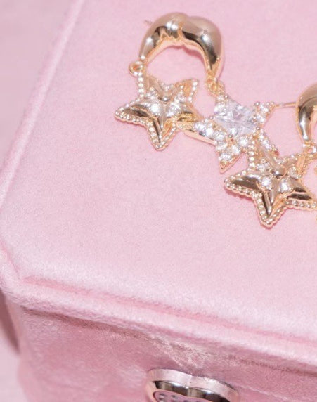 Copper Zircon Earrings Lucky Twins~ Double Sided Star Earrings 925 Silver Needle Sweet