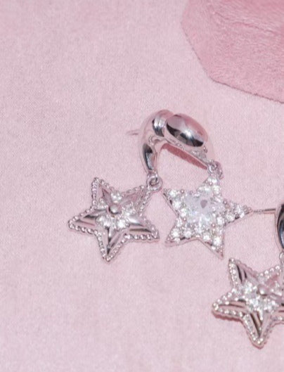 Copper Zircon Earrings Lucky Twins~ Double Sided Star Earrings 925 Silver Needle Sweet