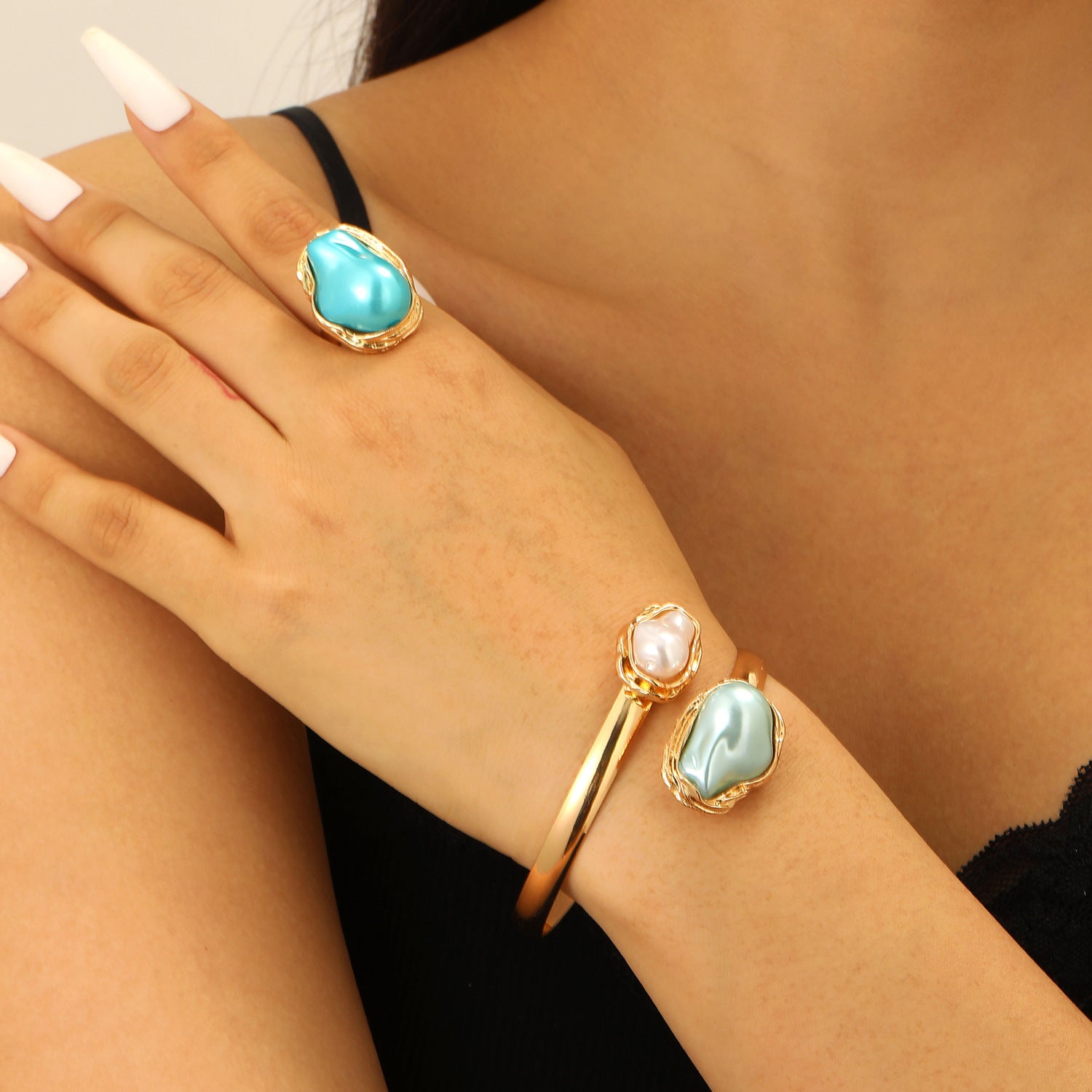 European and American cross-border baroque special-shaped pearl set jewelry women's high-end necklace earrings ring bracelet collar