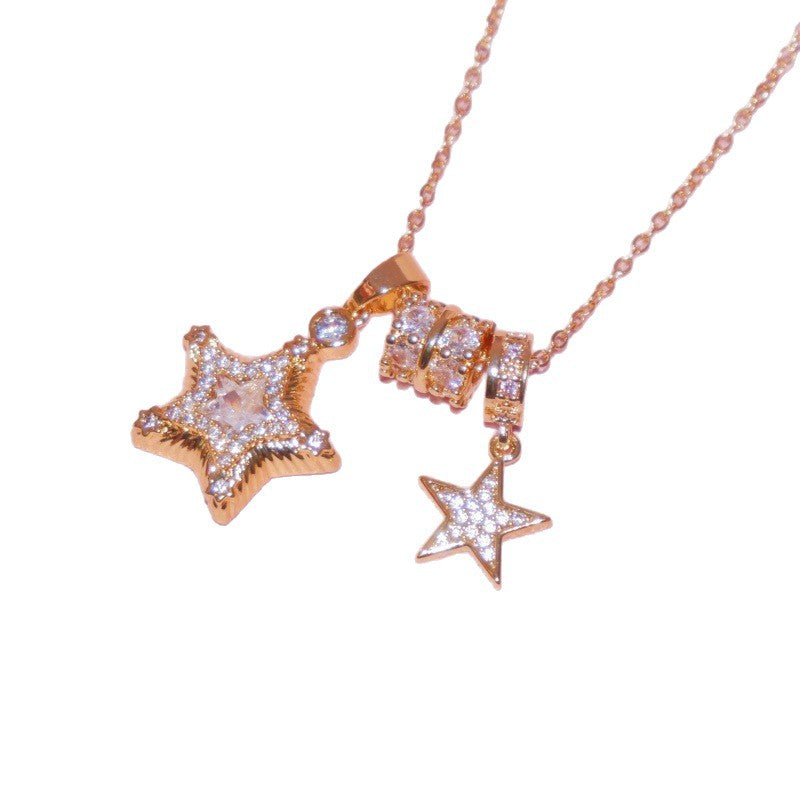 Douyin Explosive Lucky Star~ Stainless Steel Chain Retro Flash Diamond Pentagram Necklace