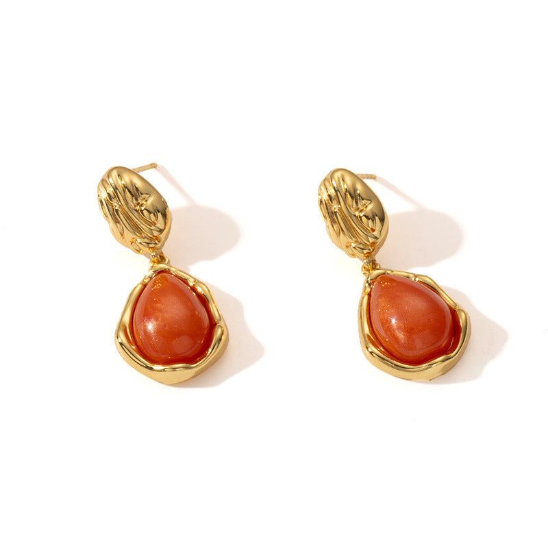 European and American retro stainless steel water drop earrings women's light luxury niche high-end stud earrings 18k gold fashion versatile earrings