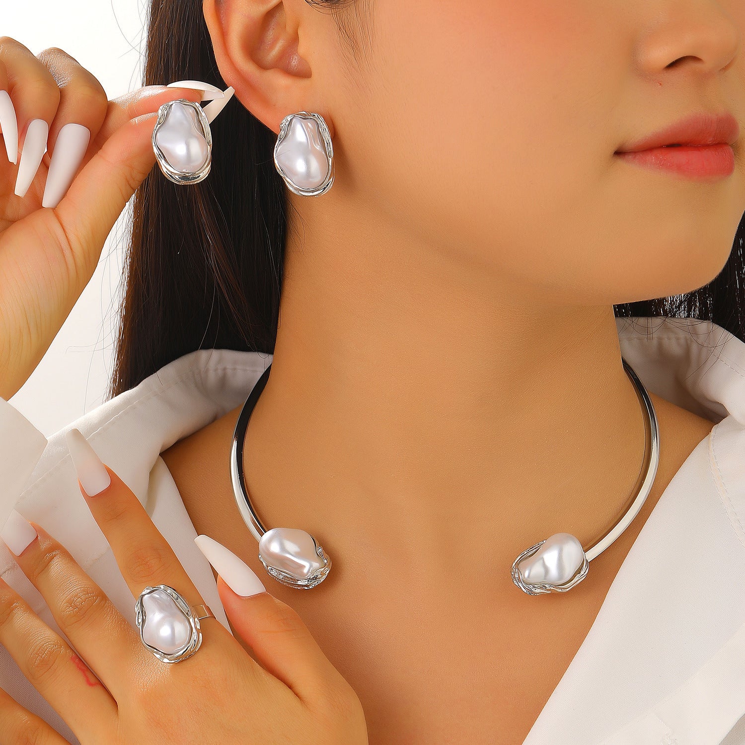 European and American cross-border baroque special-shaped pearl set jewelry women's high-end necklace earrings ring bracelet collar