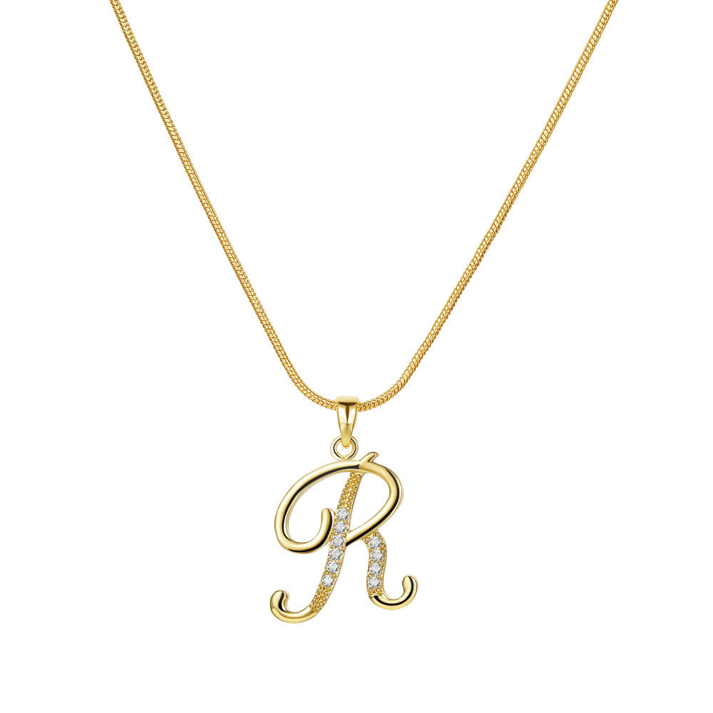 Temu cross-border popular 26-digit copper inlaid zircon letter pendant snake bone thin chain creative personalized letter necklace