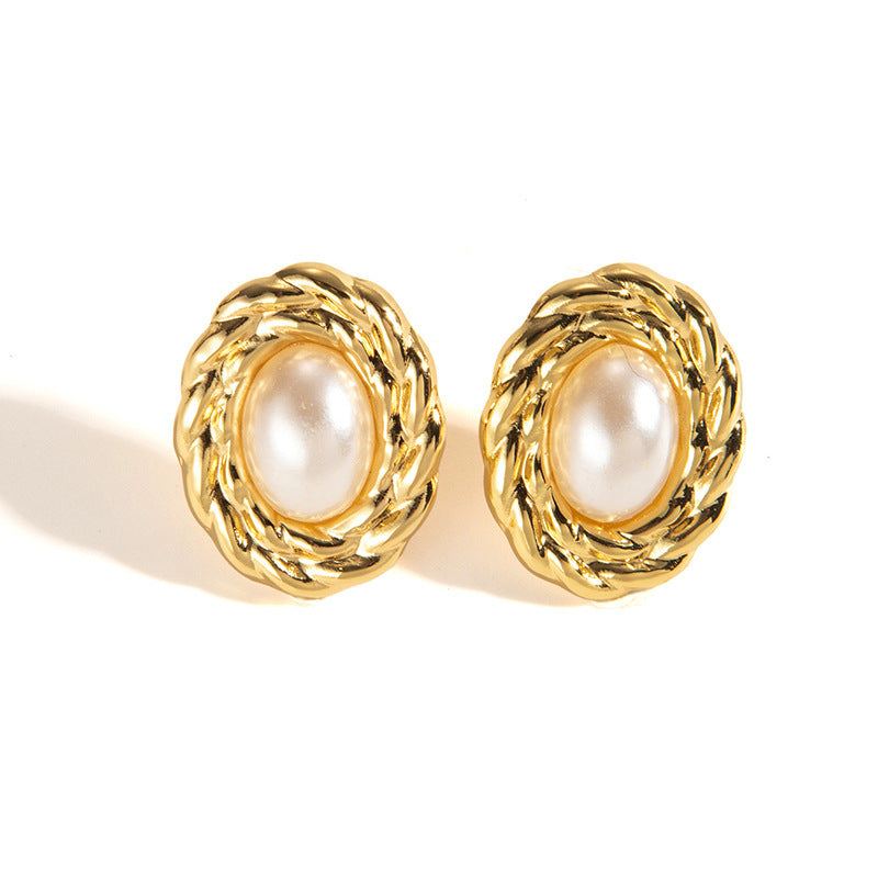 French cross-border exquisite titanium steel earrings retro vortex pearl stud earrings niche design simple and versatile earrings wholesale