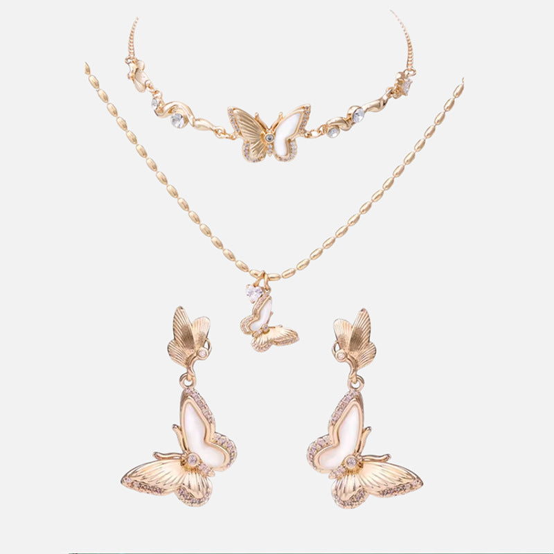 2024 new explosive gold real fritillary butterfly necklace women's retro bracelet women's versatile high-end personality stud earrings