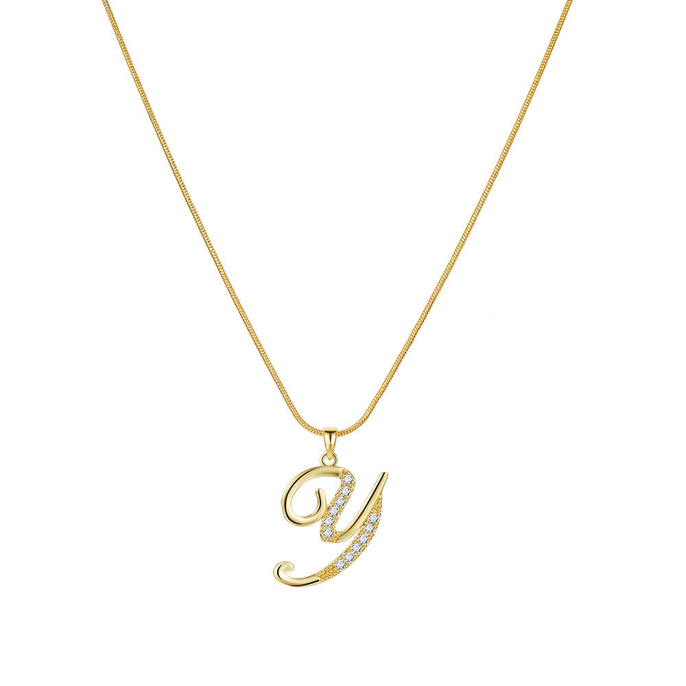 Temu cross-border popular 26-digit copper inlaid zircon letter pendant snake bone thin chain creative personalized letter necklace