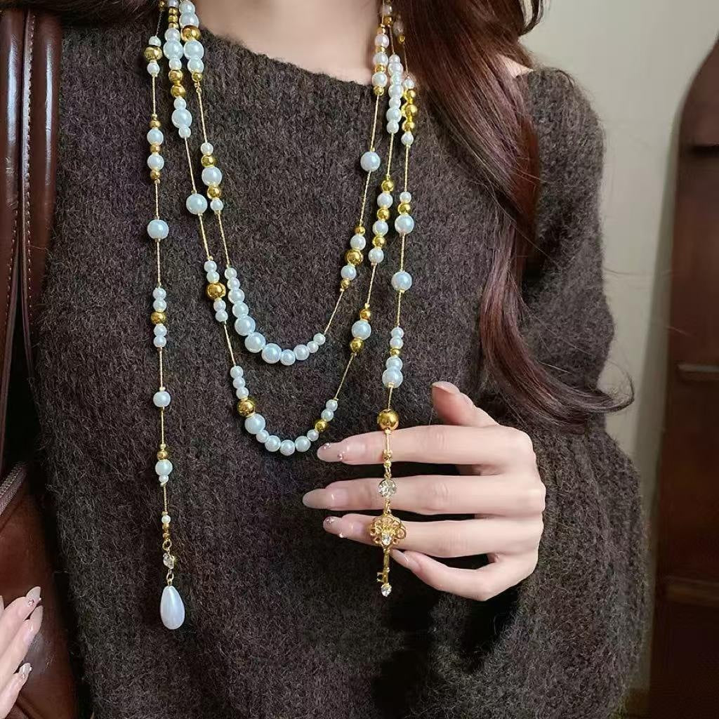 Love lock cylinder series retro key water drop broken pearl long stacked necklace wrapped sweater chain