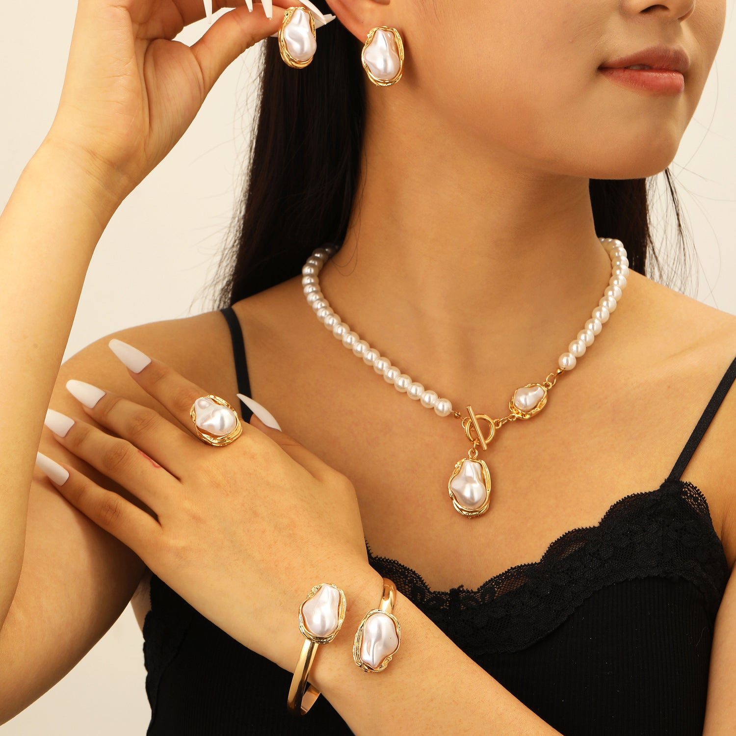 European and American cross-border baroque special-shaped pearl set jewelry women's high-end necklace earrings ring bracelet collar