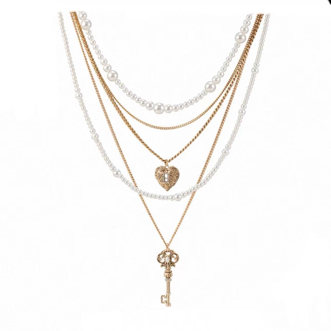Retro love lock cylinder series multi-layer pearl necklace niche sweater chain removable
