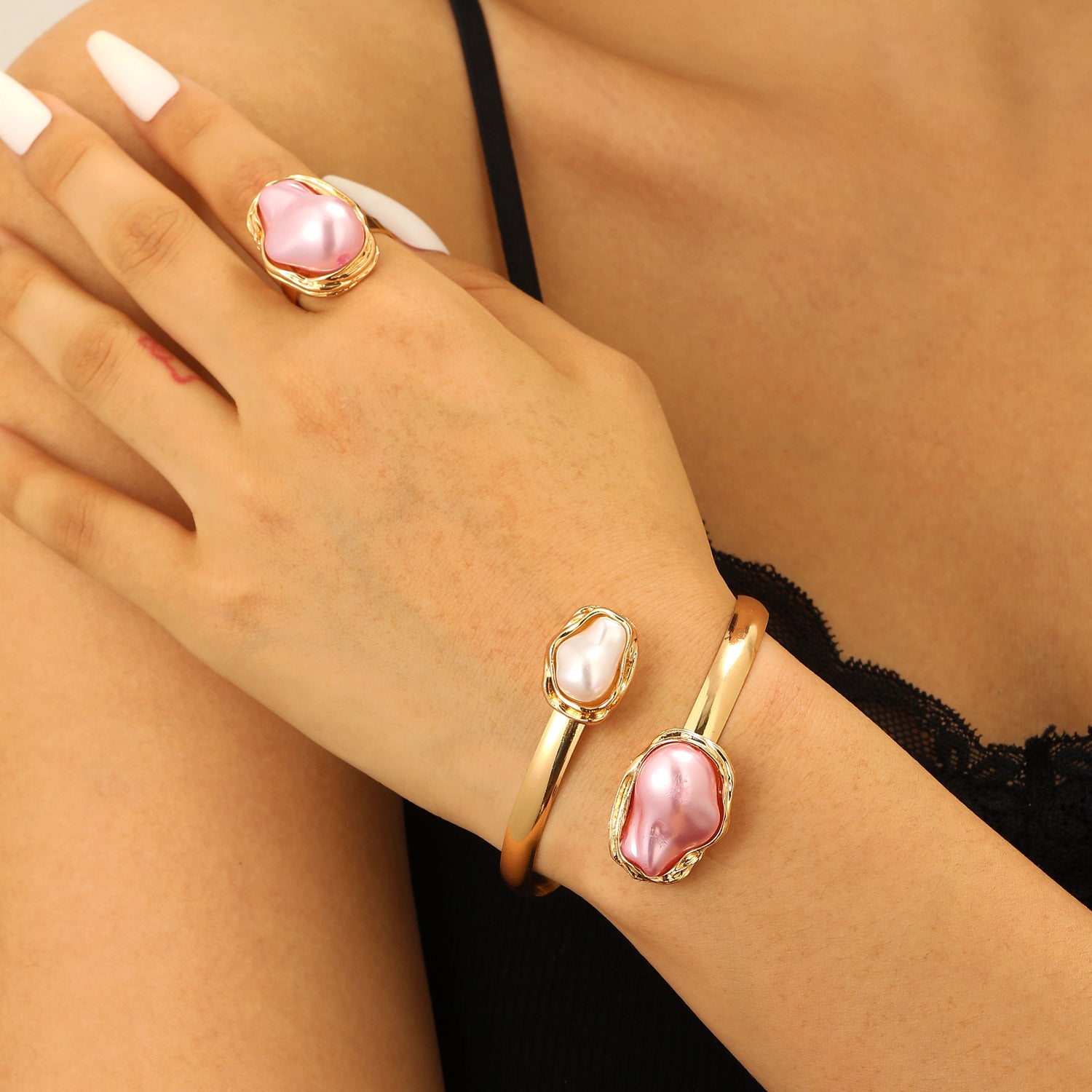 European and American cross-border baroque special-shaped pearl set jewelry women's high-end necklace earrings ring bracelet collar