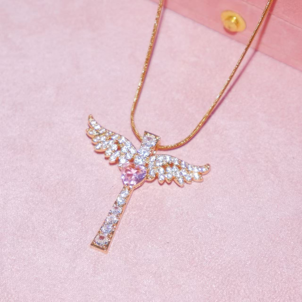 Cross-border hot-selling Angel Wings~ Cross Angel American Simple Spice Girl Necklace 18k Real Gold Plating