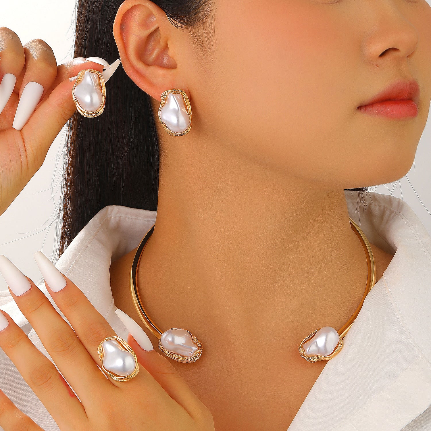 European and American cross-border baroque special-shaped pearl set jewelry women's high-end necklace earrings ring bracelet collar