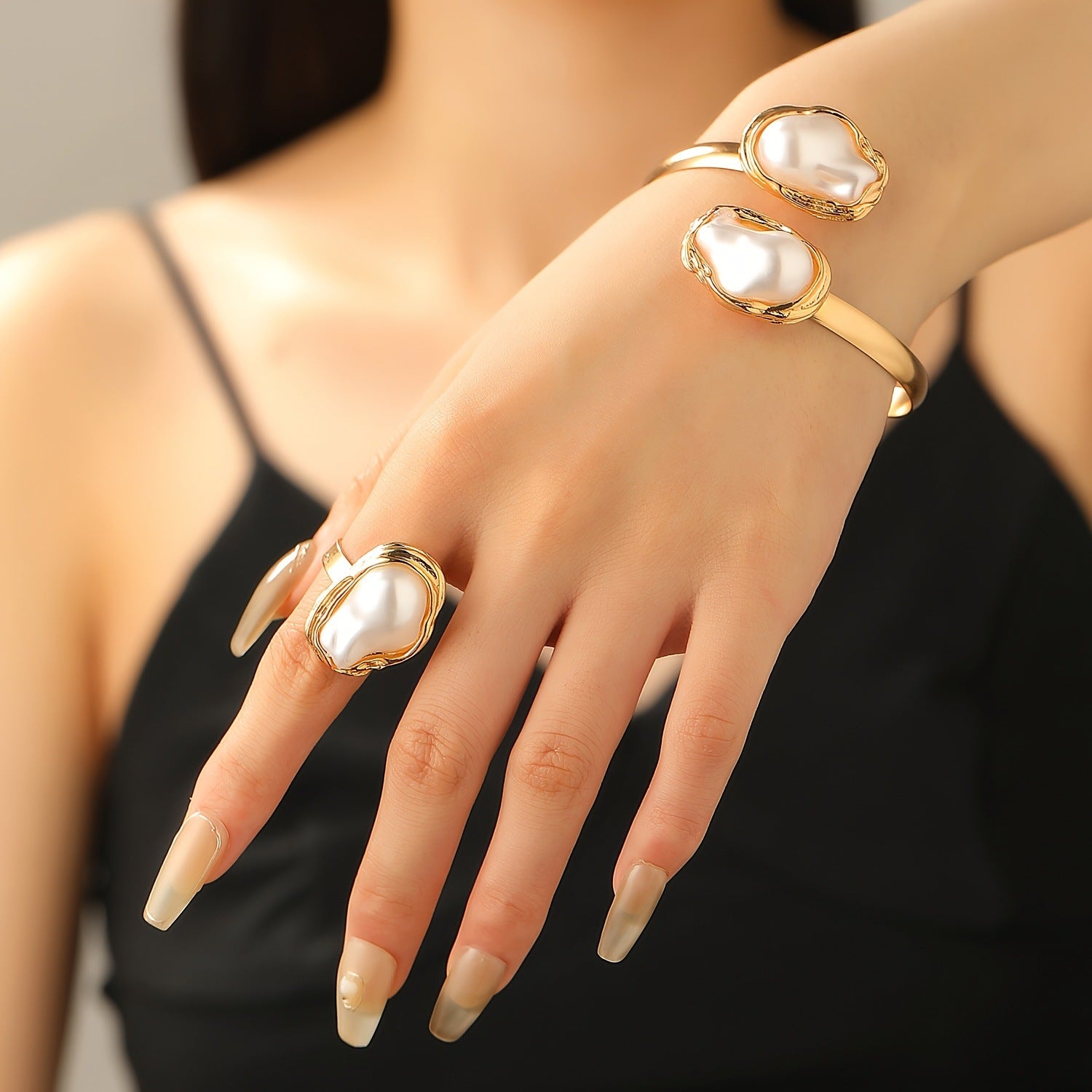 European and American cross-border baroque special-shaped pearl set jewelry women's high-end necklace earrings ring bracelet collar