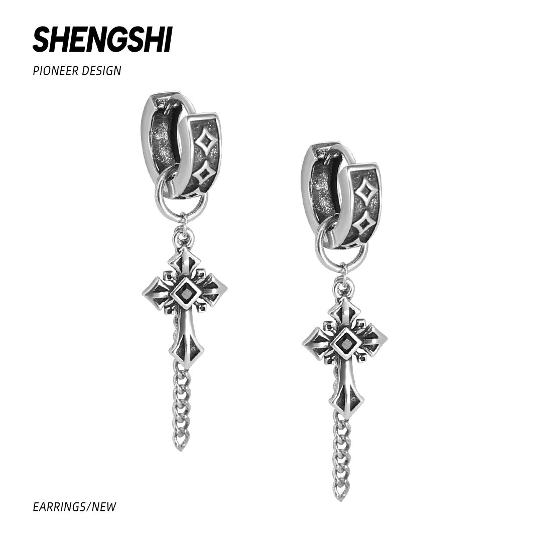 Dark retro old cross fringed earrings women's personality versatile high-end niche jewelry earrings