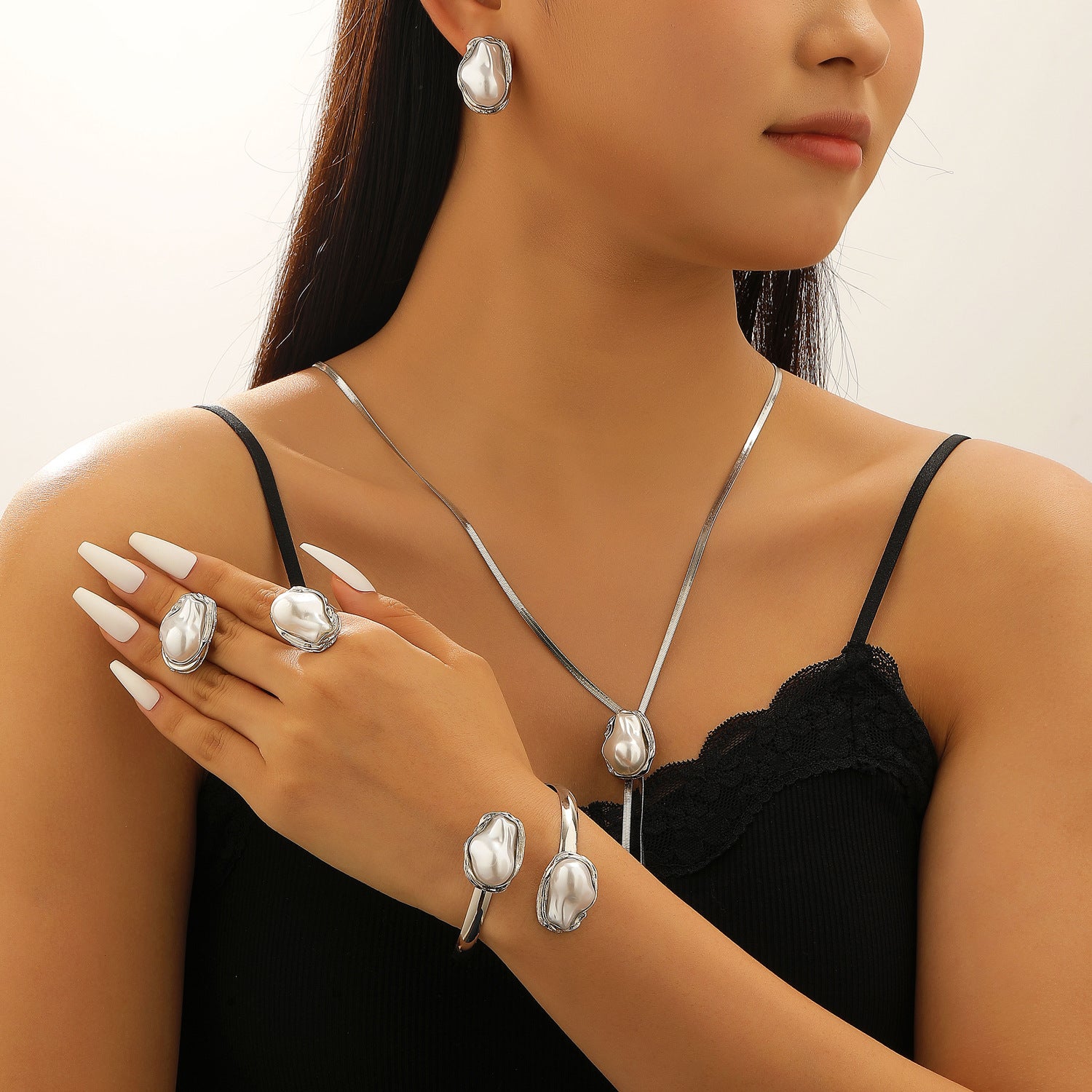 European and American cross-border baroque special-shaped pearl set jewelry women's high-end necklace earrings ring bracelet collar