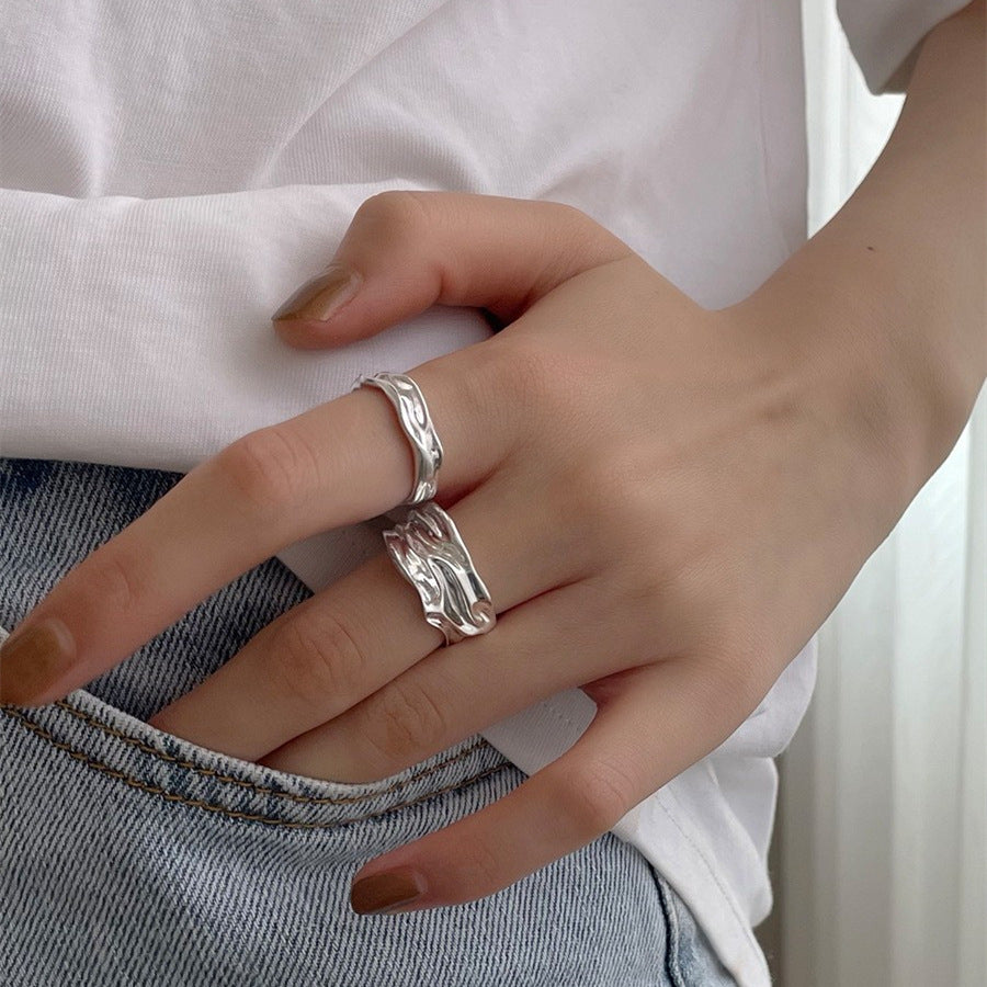 Geometric pleated ring women's retro fashion exaggerated 925 silver bump open ring punk index finger ring tide