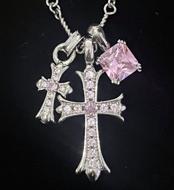 Sugar cube cross, full zircon cross necklace pendant, super high color retention, couple trendy punk hip-hop necklace.