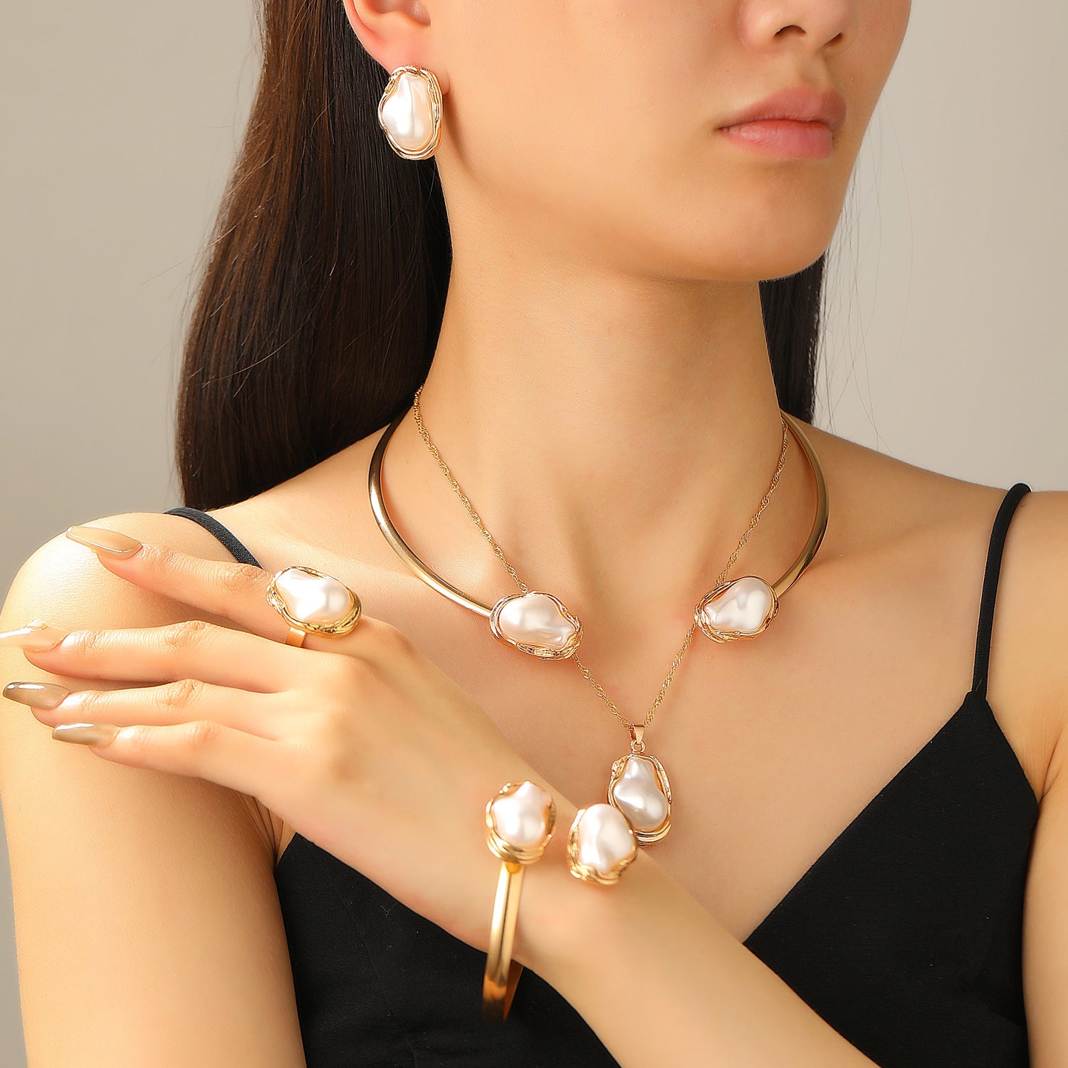 European and American cross-border baroque special-shaped pearl set jewelry women's high-end necklace earrings ring bracelet collar