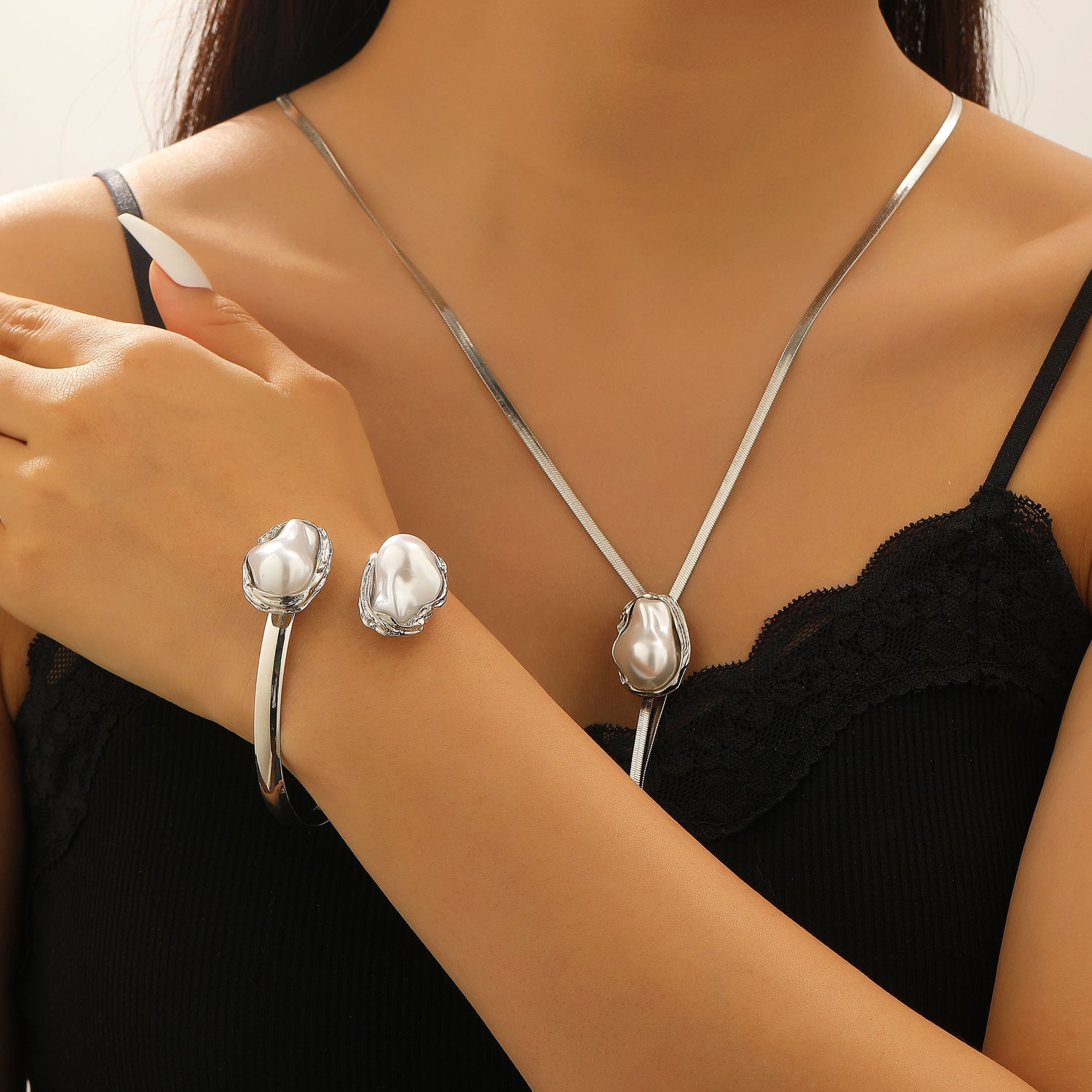 European and American cross-border baroque special-shaped pearl set jewelry women's high-end necklace earrings ring bracelet collar