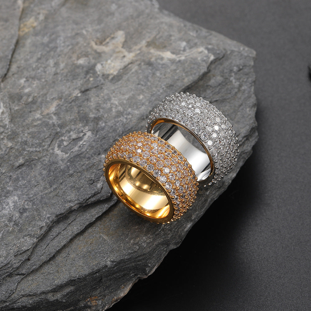 European and American hip-hop ring zircon 11mm retro round full zirconium shiny simple personalized men's ring copper ring