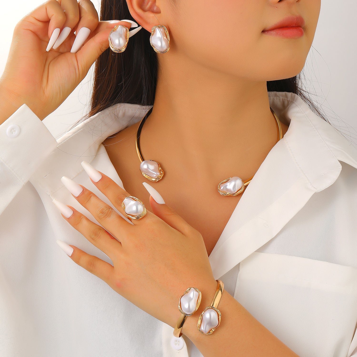 European and American cross-border baroque special-shaped pearl set jewelry women's high-end necklace earrings ring bracelet collar