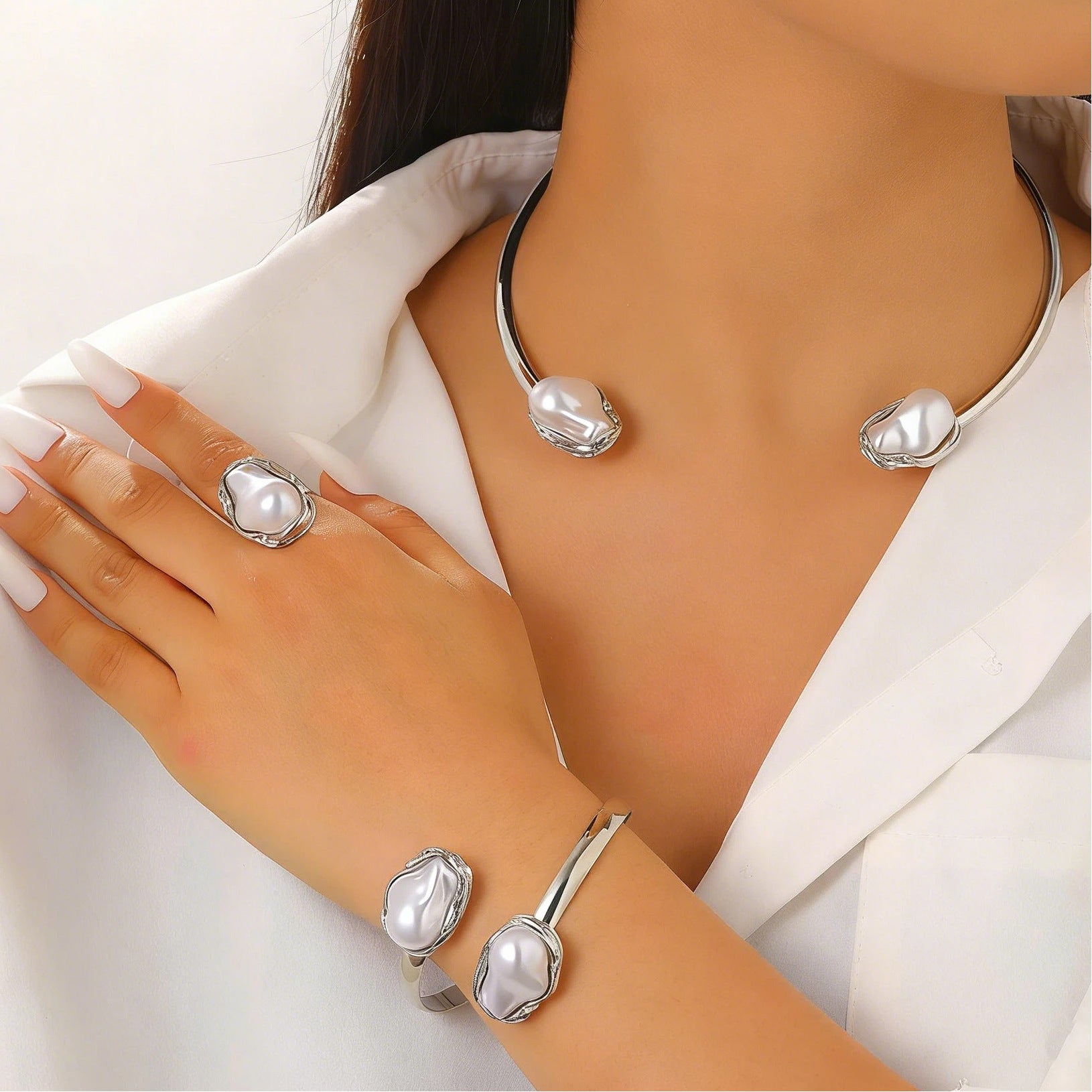 European and American cross-border baroque special-shaped pearl set jewelry women's high-end necklace earrings ring bracelet collar