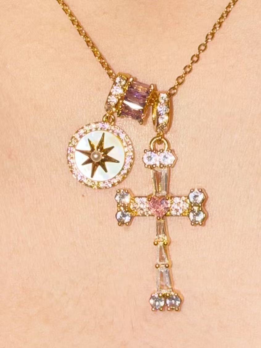 Cross-border explosion Fearless Heart Fearless Star~ Flash diamond octagram purple cross necklace