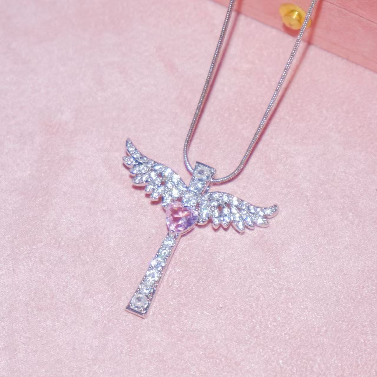 Cross-border hot-selling Angel Wings~ Cross Angel American Simple Spice Girl Necklace 18k Real Gold Plating