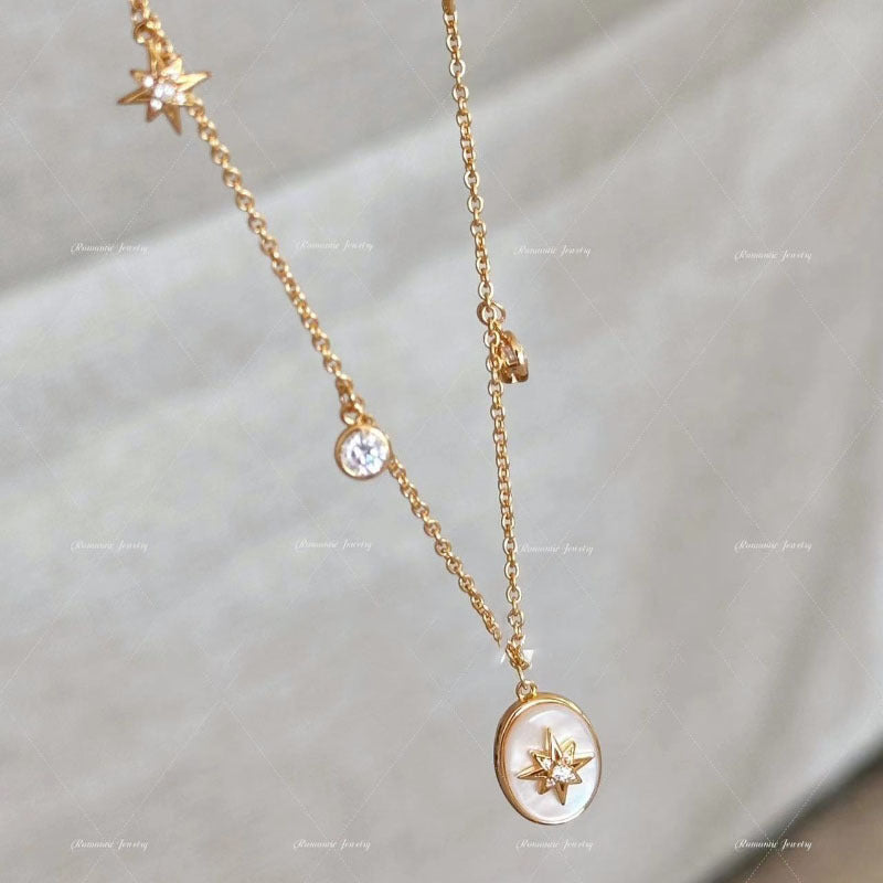 French light luxury vintage fritillary eight-pointed star necklace bracelet ring earrings tassel tassel set with diamonds sophisticated personality set