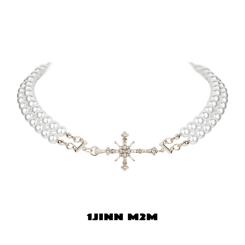 Niche design retro baroque romantic pearl snowflake cross splicing chocker