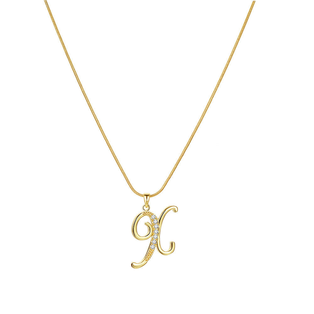 Temu cross-border popular 26-digit copper inlaid zircon letter pendant snake bone thin chain creative personalized letter necklace