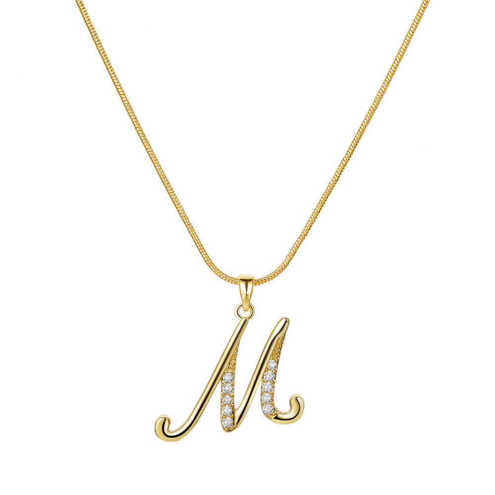 Temu cross-border popular 26-digit copper inlaid zircon letter pendant snake bone thin chain creative personalized letter necklace