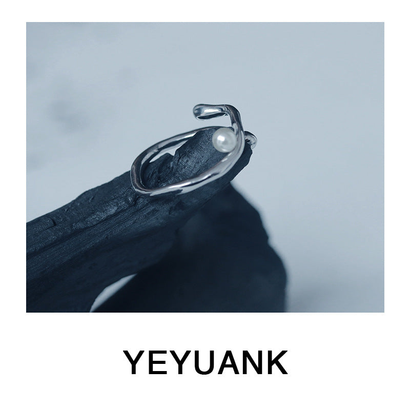 Nohara Aoi, Japan and South Korea simple ins Internet celebrity niche design water ripple highlight pearl opening ring jewelry women