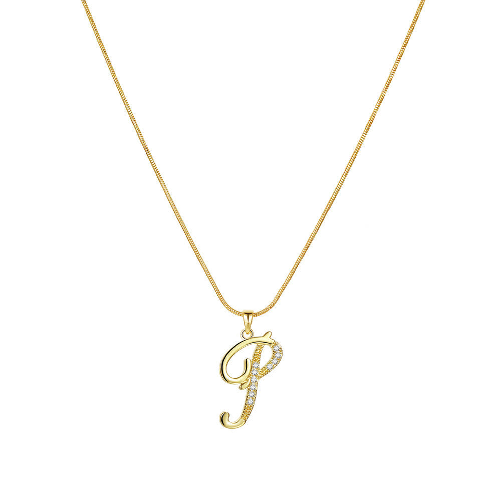 Temu cross-border popular 26-digit copper inlaid zircon letter pendant snake bone thin chain creative personalized letter necklace