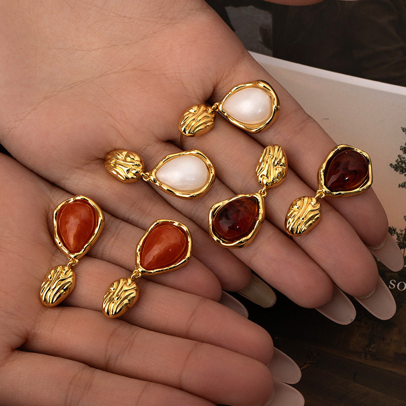 European and American retro stainless steel water drop earrings women's light luxury niche high-end stud earrings 18k gold fashion versatile earrings