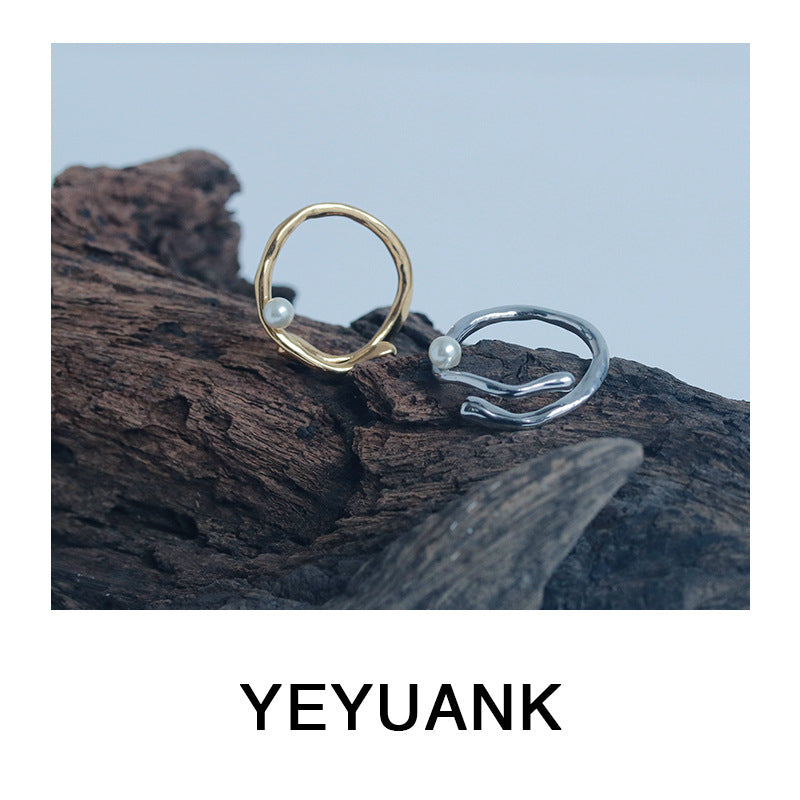 Nohara Aoi, Japan and South Korea simple ins Internet celebrity niche design water ripple highlight pearl opening ring jewelry women