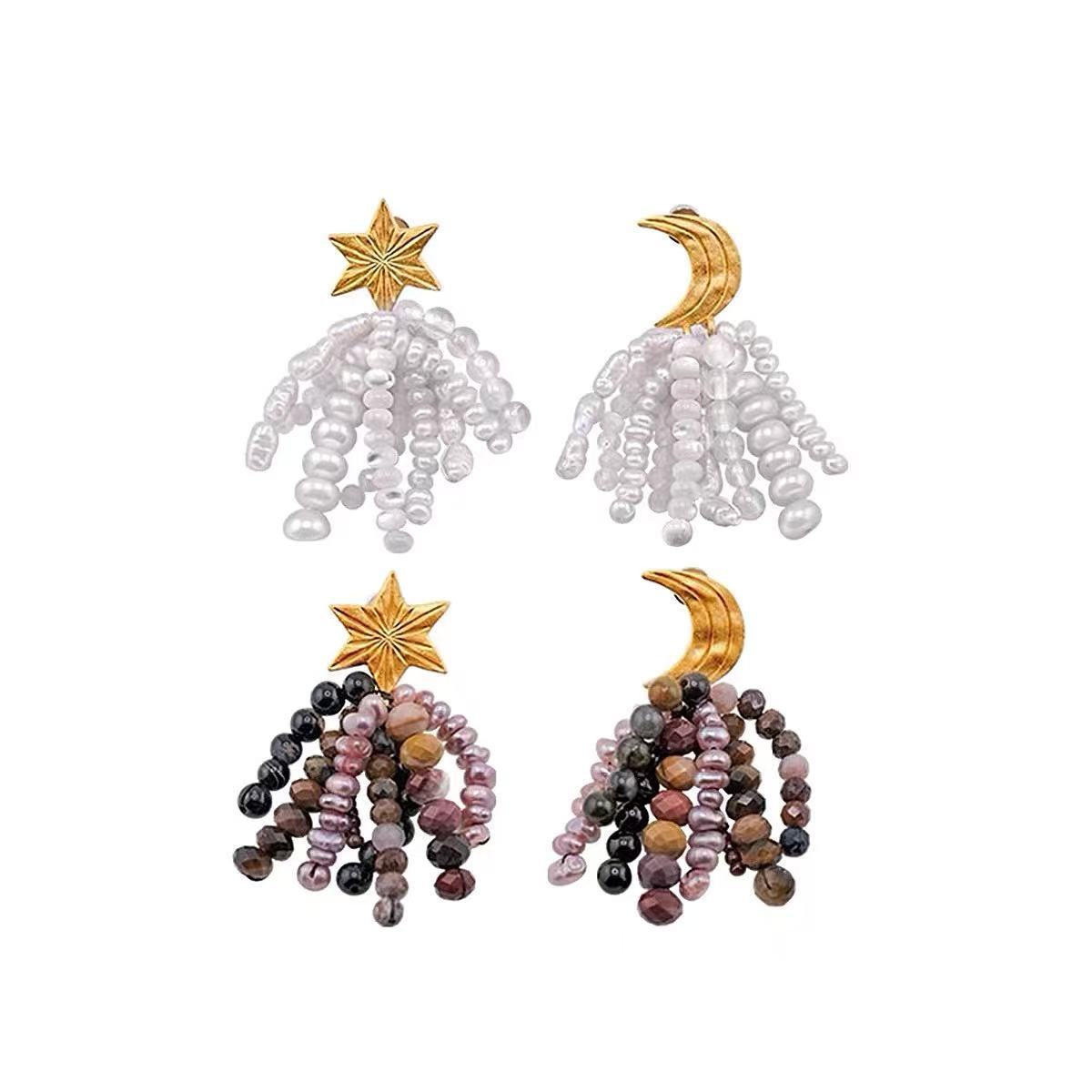 Niche design bead stud earrings ancient silver needle earrings gold picture engraving stars moon earrings femininity