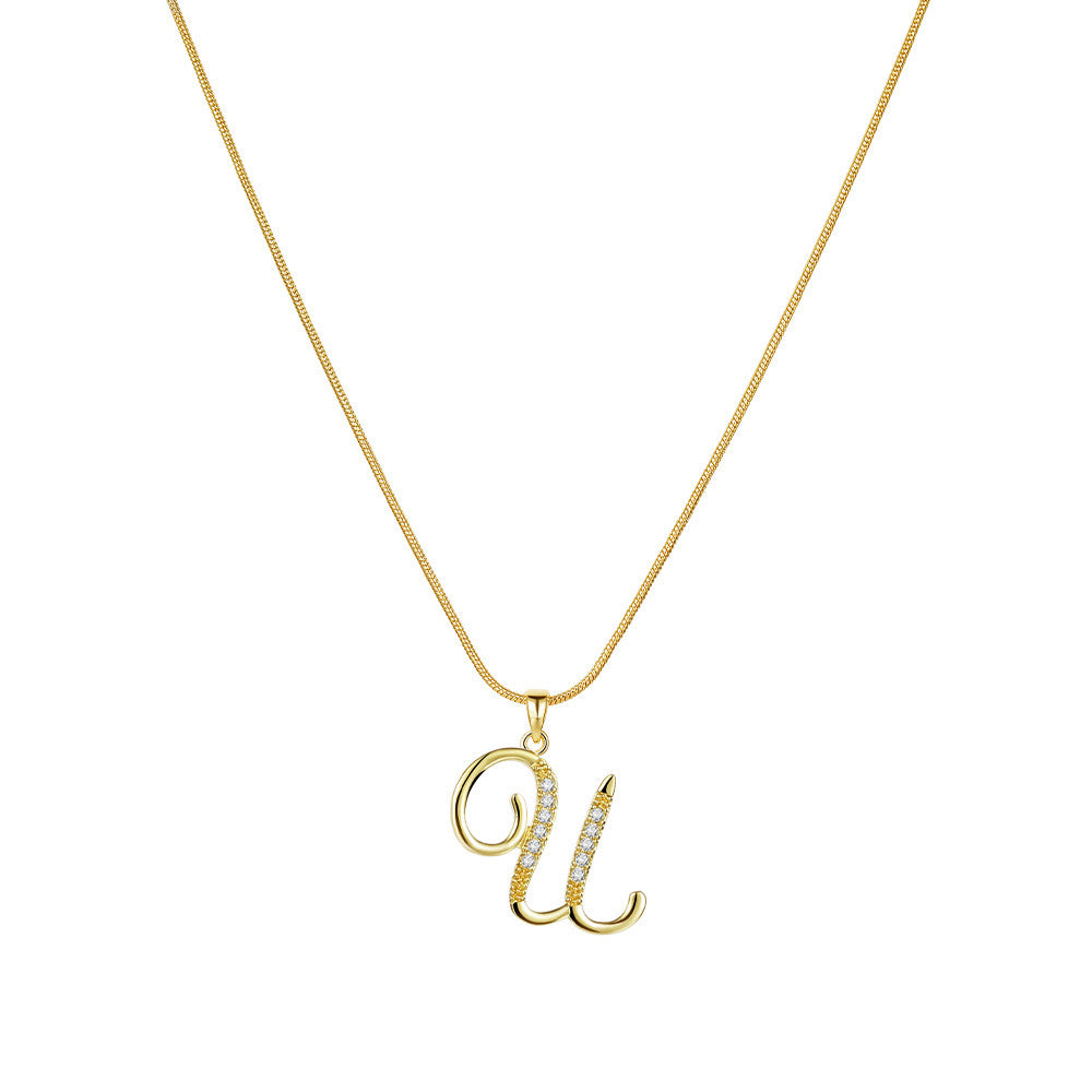 Temu cross-border popular 26-digit copper inlaid zircon letter pendant snake bone thin chain creative personalized letter necklace