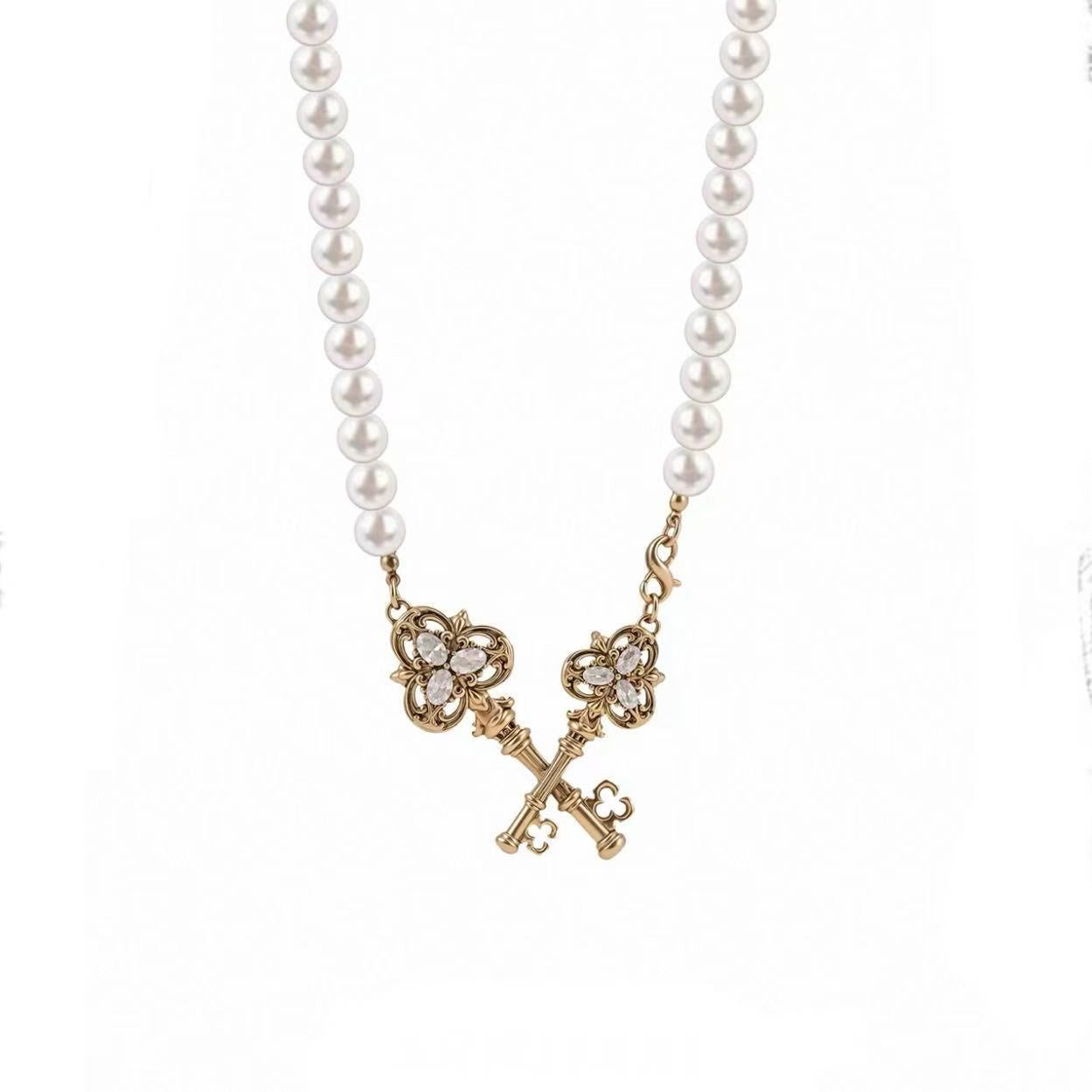 Love lock cylinder series retro key water drop broken pearl long stacked necklace wrapped sweater chain
