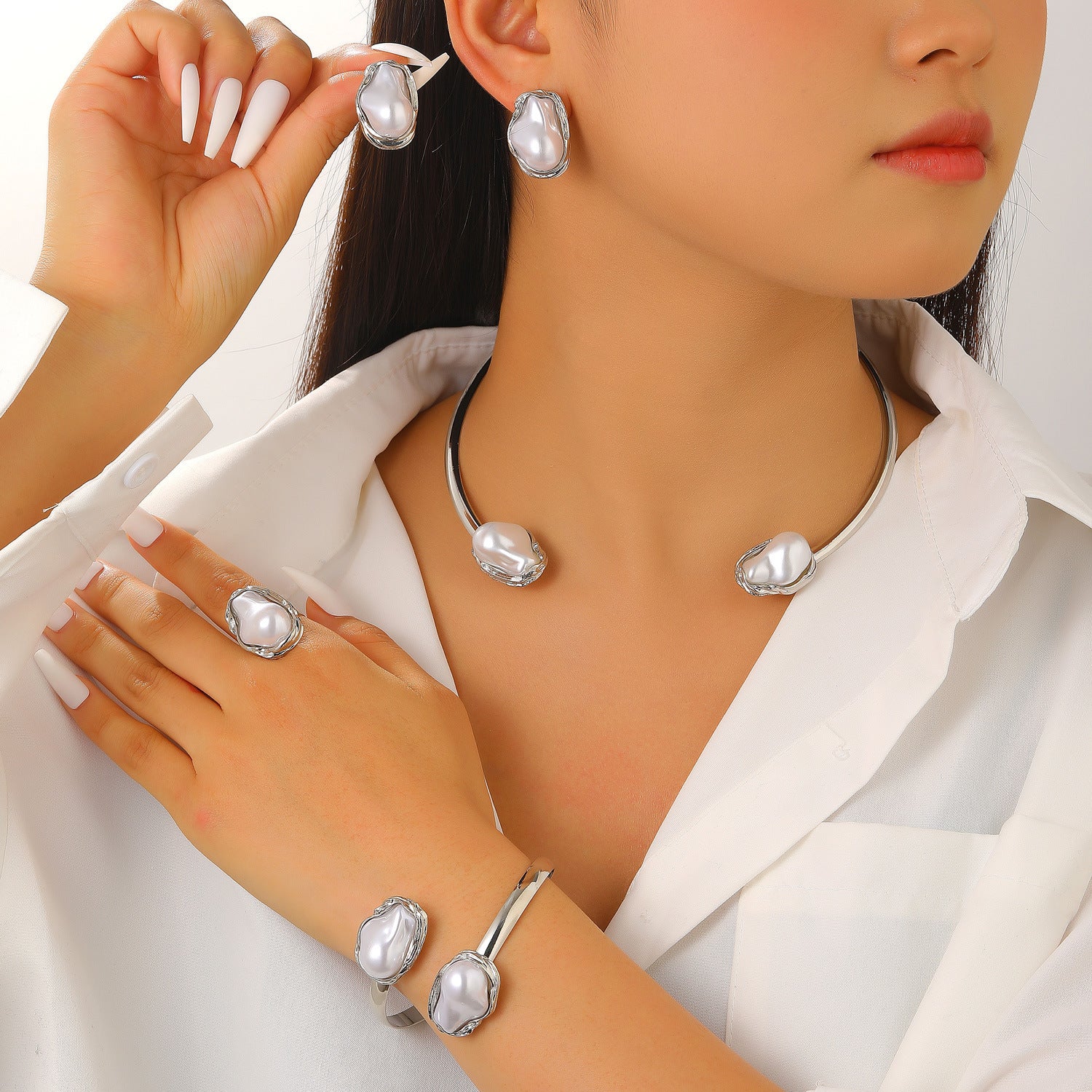 European and American cross-border baroque special-shaped pearl set jewelry women's high-end necklace earrings ring bracelet collar