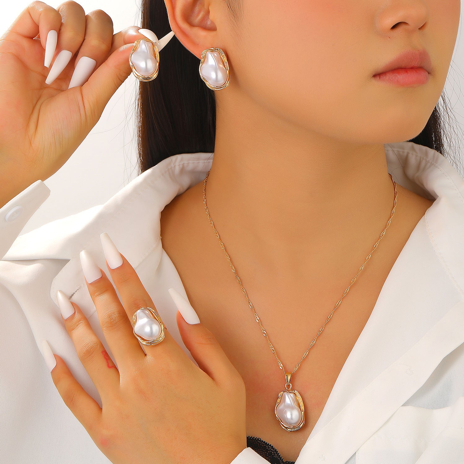 European and American cross-border baroque special-shaped pearl set jewelry women's high-end necklace earrings ring bracelet collar