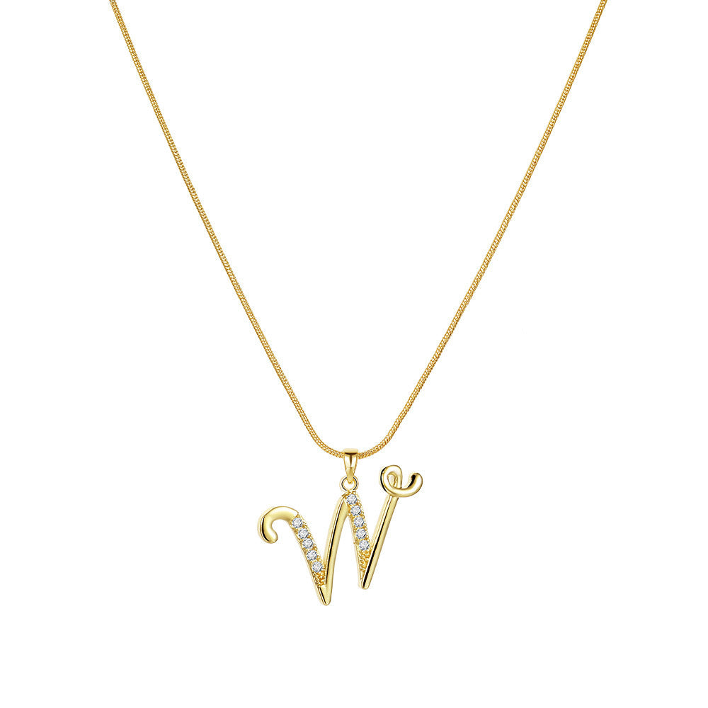 Temu cross-border popular 26-digit copper inlaid zircon letter pendant snake bone thin chain creative personalized letter necklace