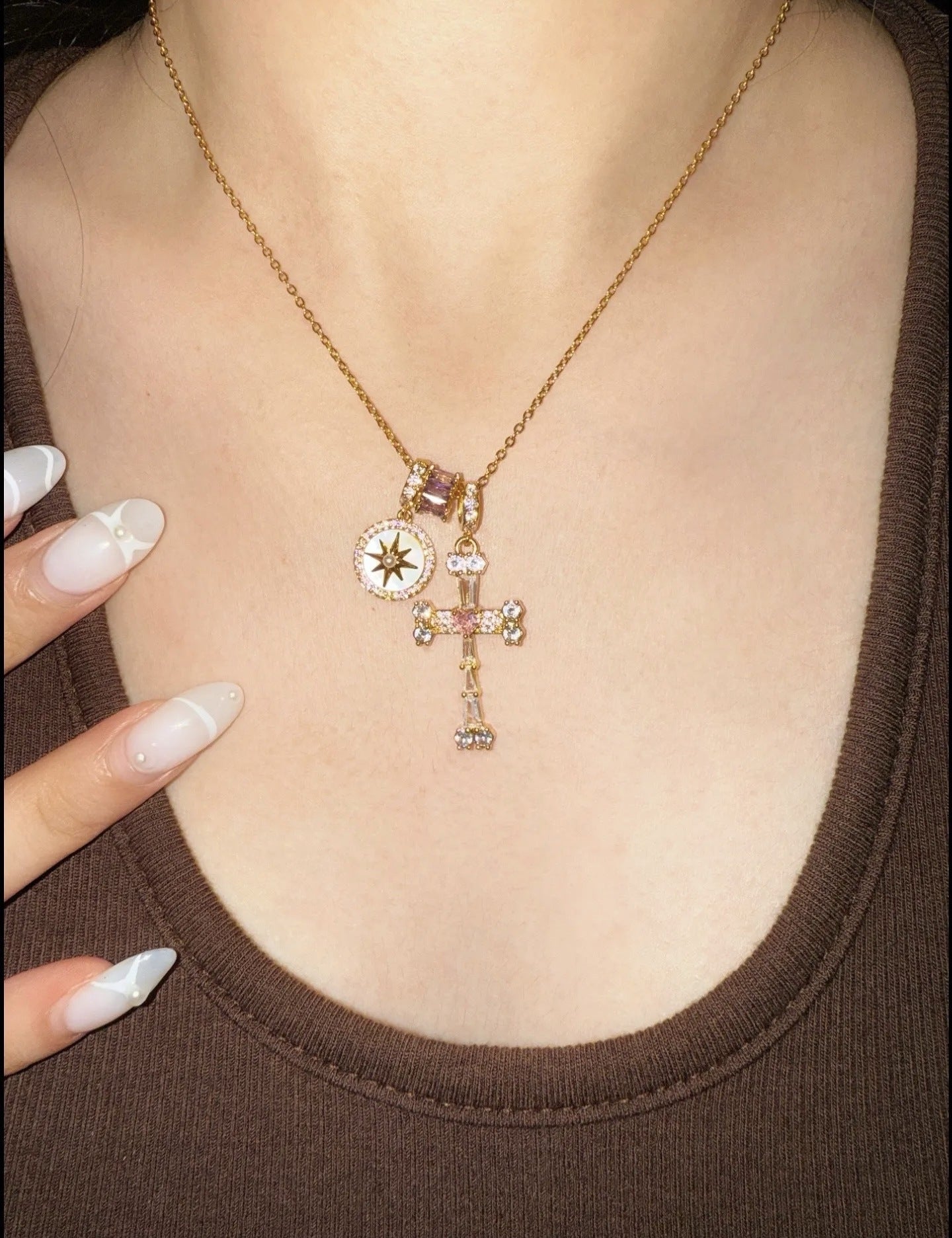 Cross-border explosion Fearless Heart Fearless Star~ Flash diamond octagram purple cross necklace