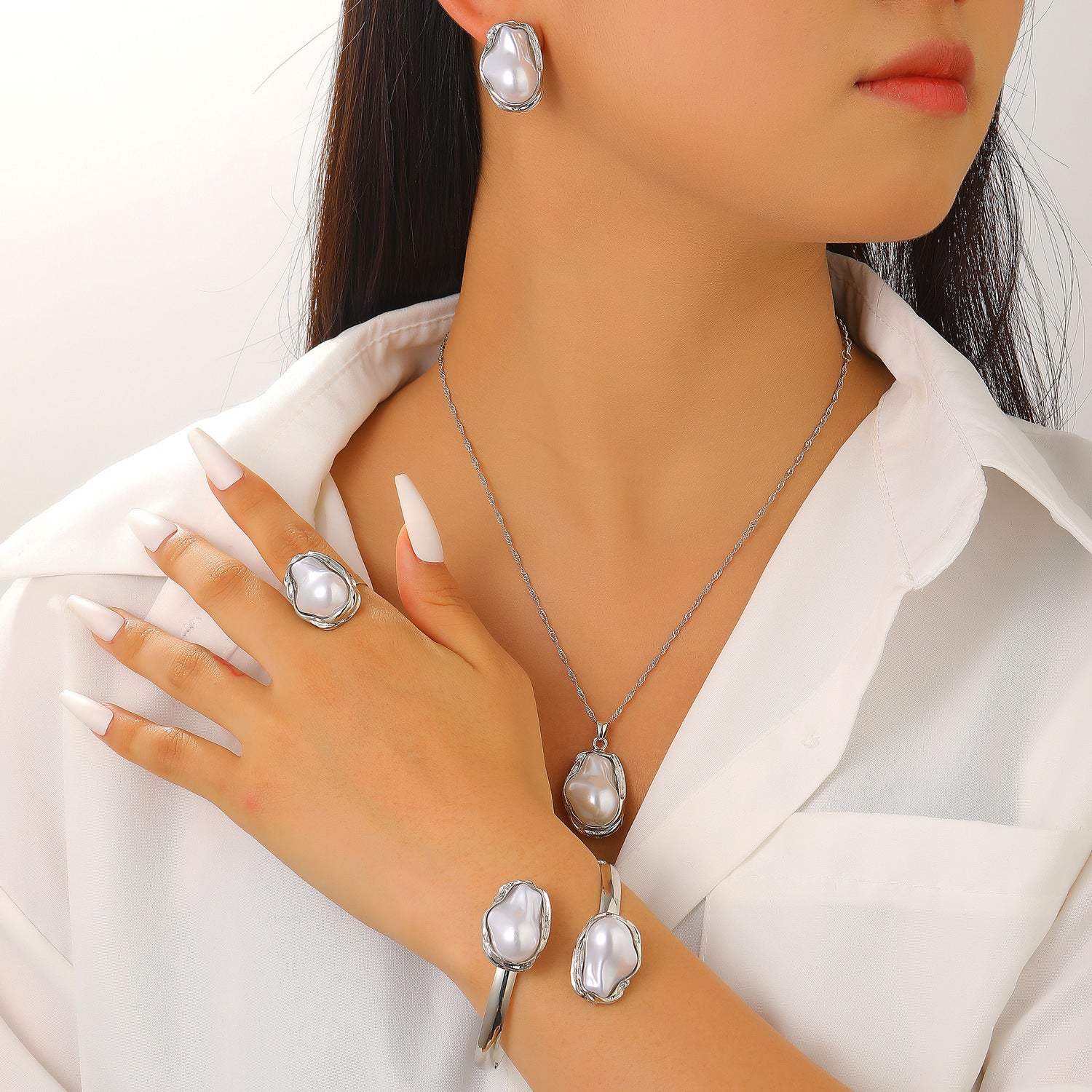 European and American cross-border baroque special-shaped pearl set jewelry women's high-end necklace earrings ring bracelet collar