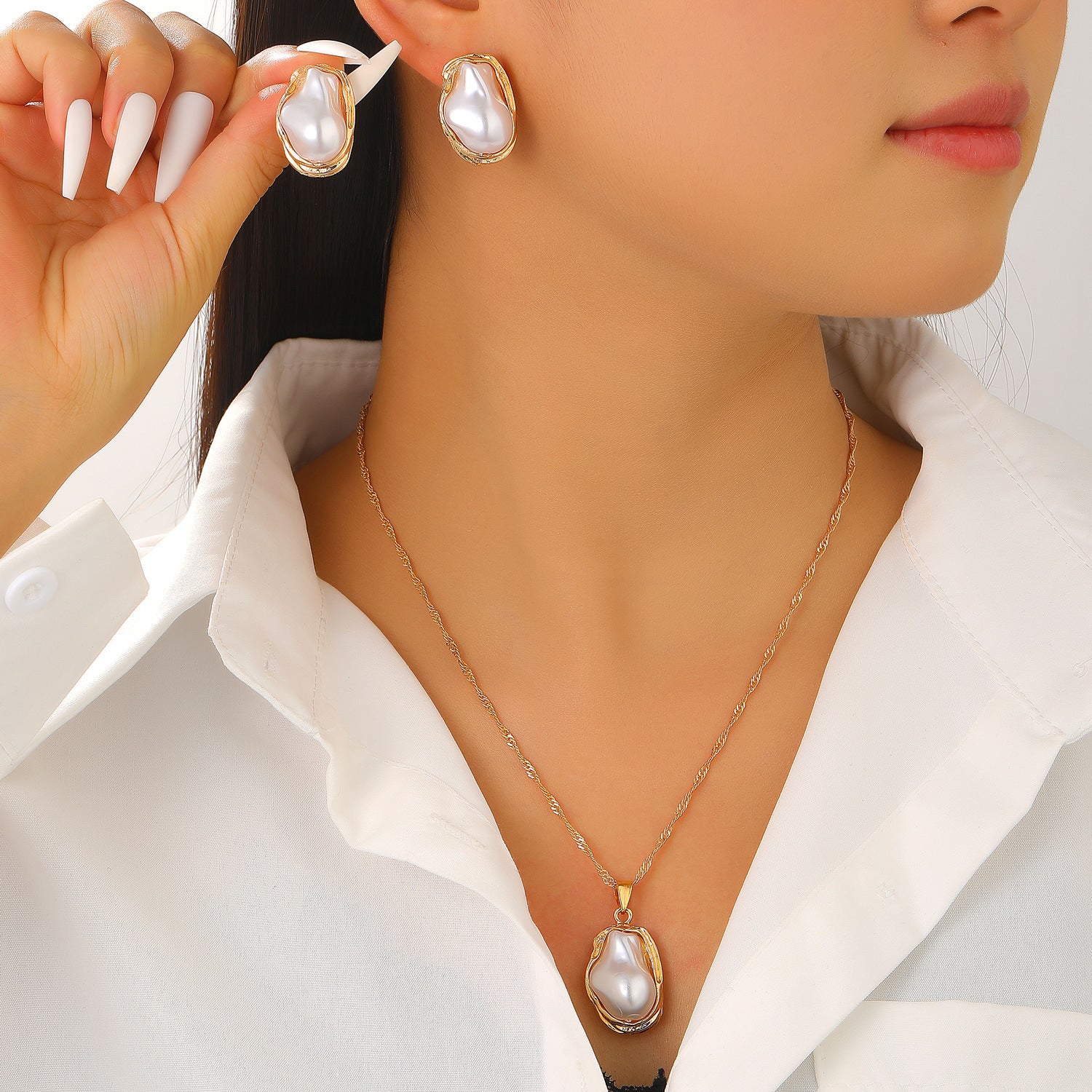 European and American cross-border baroque special-shaped pearl set jewelry women's high-end necklace earrings ring bracelet collar