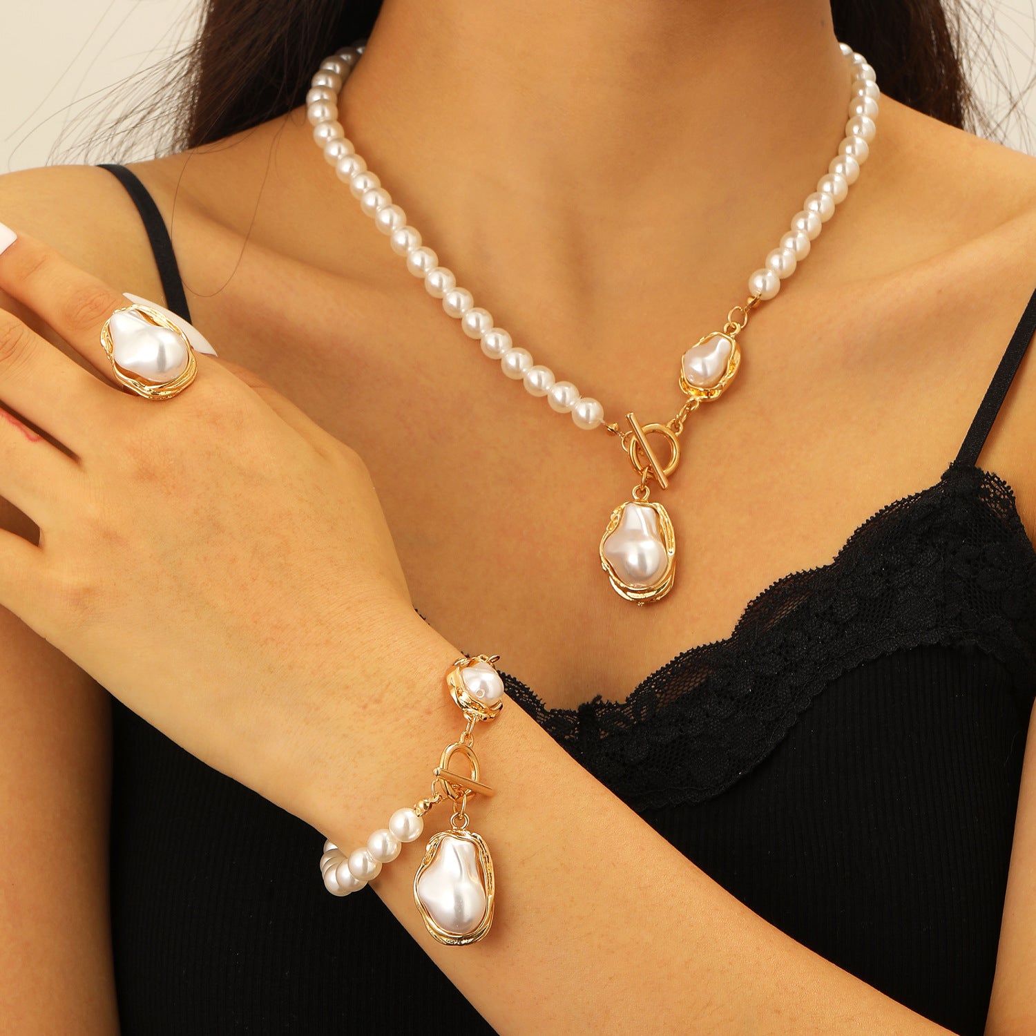 European and American cross-border baroque special-shaped pearl set jewelry women's high-end necklace earrings ring bracelet collar