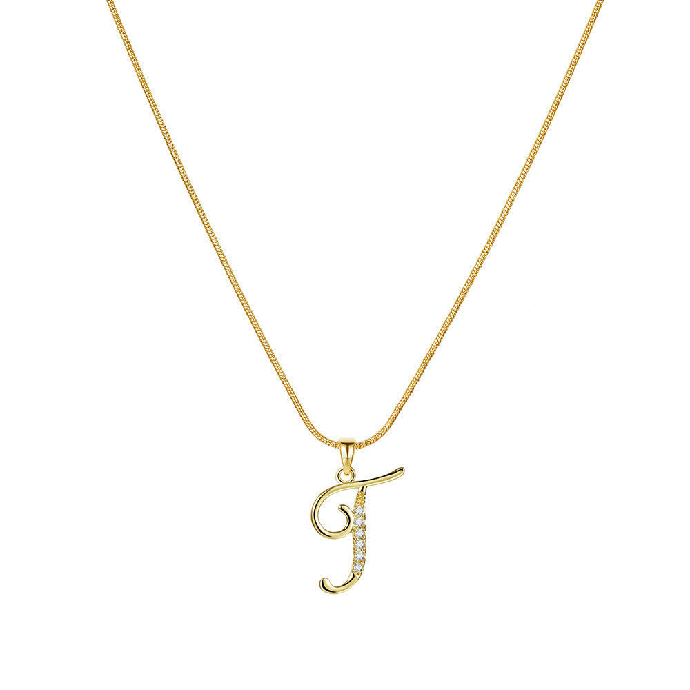 Temu cross-border popular 26-digit copper inlaid zircon letter pendant snake bone thin chain creative personalized letter necklace