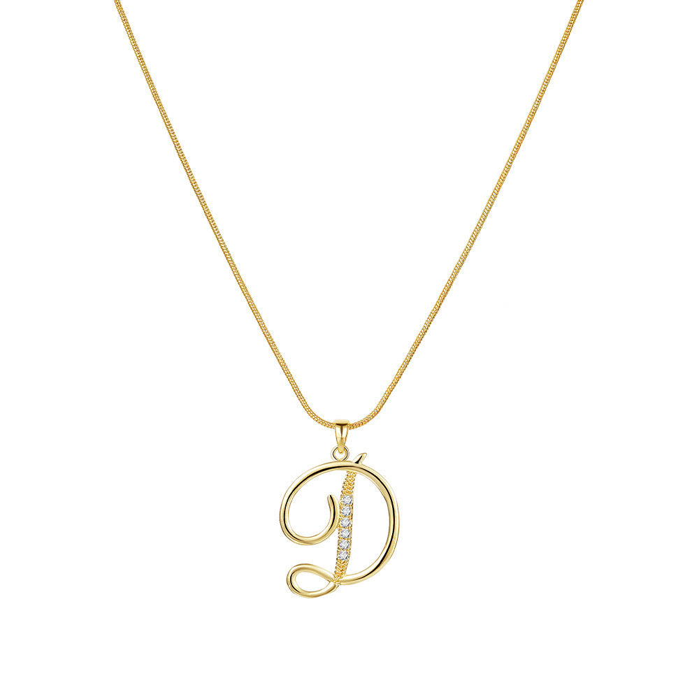 Temu cross-border popular 26-digit copper inlaid zircon letter pendant snake bone thin chain creative personalized letter necklace