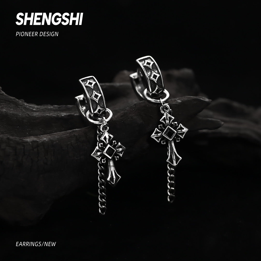 Dark retro old cross fringed earrings women's personality versatile high-end niche jewelry earrings
